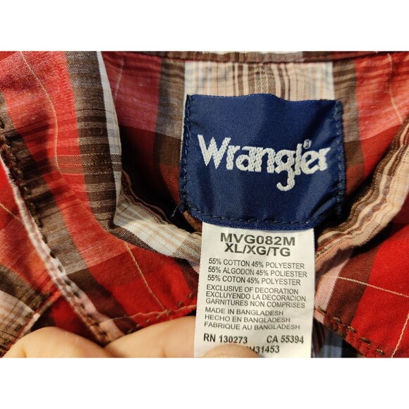Vintage Men's Wrangler Red Tan Plaid Pearl Snap Long Sleeve Shirt - XL - Picture 9 of 10